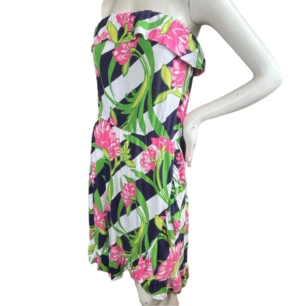 Lilly Pulitzer Strapless Flor Faux Wrap Dress Navy Pink Jumping the Line Large - Picture 8 of 11